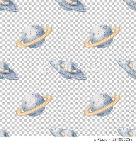 Watercolor seamless Pattern with Planets and UFOs. Illustration of childish Space background wot wrapping paper or textile design. Ornament in pastel colors with Cosmos objects for kids fabric. Watercolor seamless Pattern with Planets and UFOs. Illustration of childish Space background wot wrapping paper or textile design. Ornament in pastel colors with Cosmos objects for kids fabric. 124096258