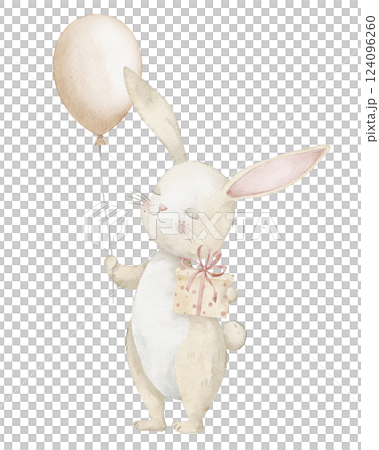 Watercolor illustration of a standing Bunny holding a Balloon and a small gift box. Drawing of cute animal for childish Birthday greeting cards or Baby shower invitations. Art for kids design. 124096260