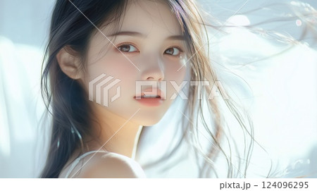 髪を風になびかせながら振り向く若い女性(美容、ビューティー、化粧品、、スキンケア、健康) 髪を風になびかせながら振り向く若い女性(美容、ビューティー、化粧品、、スキンケア、健康) 124096295