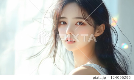 髪を風になびかせ振り向く若いアジア人女性（美容、ビューティー、化粧品、、スキンケア、健康） 124096296