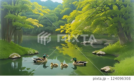 緑に囲まれた湖と鴨の親子 124096308