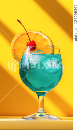 Blue Lagoon cocktail with ice cubes, garnished with an orange slice and a maraschino cherry in a stemmed glass on a vibrant yellow background with tropical shadows. Blue Lagoon cocktail with ice cubes, garnished with an orange slice and a maraschino cherry in a stemmed glass on a vibrant yellow background with tropical shadows. 124096366