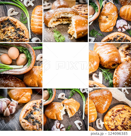 Square photo collage with fresh sweet buns, pastries, background for bakery or banner for baker's website with space for text. Fresh pastries buns wicker basket rustic style bakery collage Square photo collage with fresh sweet buns, pastries, background for bakery or banner for baker's website with space for text. Fresh pastries buns wicker basket rustic style bakery collage 124096385