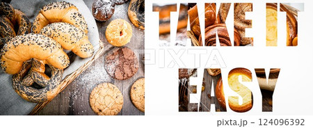 Photo collage with fresh sweet buns, in the shape of the word tske it easy. pastries, background for bakery or banner for baker's website with space for text Photo collage with fresh sweet buns, in the shape of the word tske it easy. pastries, background for bakery or banner for baker's website with space for text 124096392