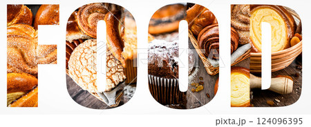 Photo collage with fresh sweet buns, in the shape of the word food. pastries, background for bakery or banner for baker's website with space for text Photo collage with fresh sweet buns, in the shape of the word food. pastries, background for bakery or banner for baker's website with space for text 124096395