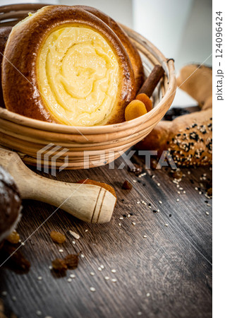 Bakery - various kinds of breadstuff. Bread rolls, baguette, bagel, sweet bun and croissant captured from above (top view, flat lay). wooden rustic background, copy space. Vertical banner layout. Bakery - various kinds of breadstuff. Bread rolls, baguette, bagel, sweet bun and croissant captured from above (top view, flat lay). wooden rustic background, copy space. Vertical banner layout. 124096424