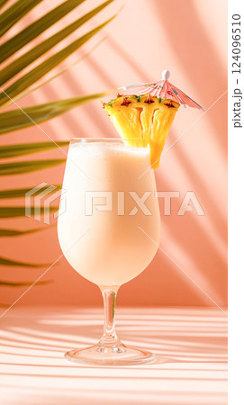Pina colada cocktail with a creamy texture, garnished with a fresh pineapple slice and a paper umbrella in a tall glass on a pastel pink tropical background. Pina colada cocktail with a creamy texture, garnished with a fresh pineapple slice and a paper umbrella in a tall glass on a pastel pink tropical background. 124096510