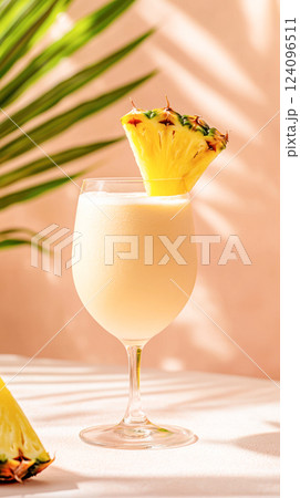 Pina colada cocktail with a creamy texture, garnished with a fresh pineapple slice in a tall glass on a pastel pink tropical background. 124096511