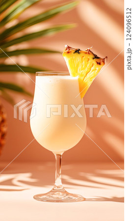 Pina colada cocktail with a creamy texture, garnished with a fresh pineapple slice in a tall glass on a pastel pink tropical background. 124096512