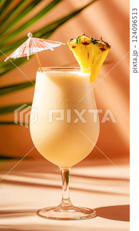 Pina colada cocktail with a creamy texture, garnished with a fresh pineapple slice and a paper umbrella in a tall glass on a pastel pink tropical background. 124096513