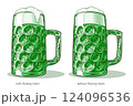 Dimpled glass mug with green Irish beer for celebration St. Patrick's Day, in styles of retro graphic, vintage engraving, woodcut, line art. Vector illustration is hand-drawn by human, without tracing 124096536