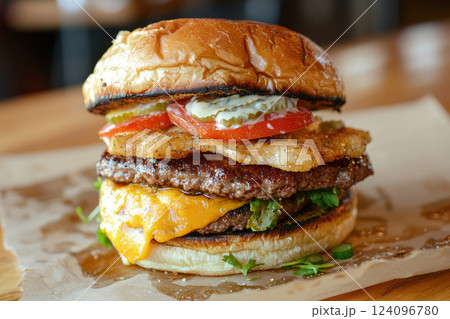 Smash burger with cheese on wooden table 124096780