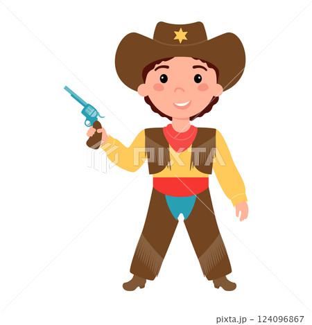 Boy dressed in a cowboy costume, a sheriff and holding a gun in his hands. Carnival, children's party. Vector illustration on a white background. 124096867