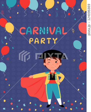 Carnival party poster with a boy dressed in a matador costume and holding a red cloth in his hands. Vector illustration. 124096869