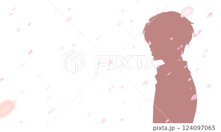 男性　横側　影絵　桜吹雪 124097065