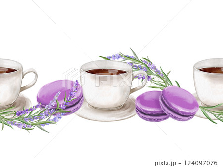 Seamless border. Cup of coffee and french macaroon cakes with lavender taste and flowers. 124097076