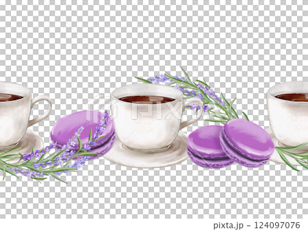 Seamless border. Cup of coffee and french macaroon cakes with lavender taste and flowers. Seamless border. Cup of coffee and french macaroon cakes with lavender taste and flowers. 124097076