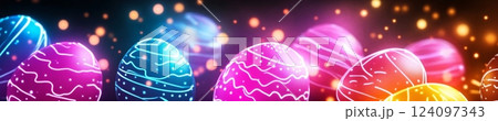 Glowing neon outlines of colorful eggs and bunny ears create a vibrant Easter atmosphere on a black backdrop 124097343