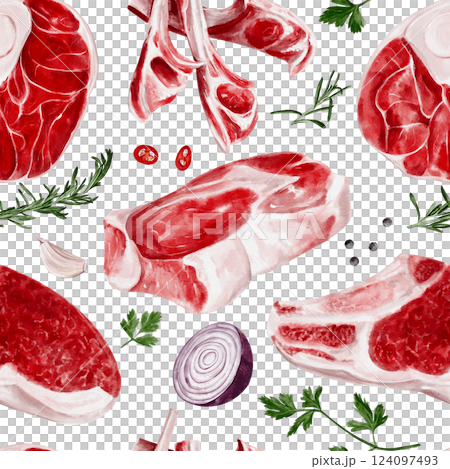 Seamless pattern with meat and spices. Beef and lamb with steaks and ribs. spices and onions with herbs. Pattern for kitchen and grocery store. Butcher shop and decor. Raw fresh meat.  124097493