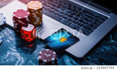 Overhead shot of credit card, debt alert on smartphone, modern composition. Online casino problem 124097794