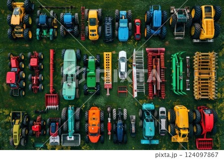 An aerial view of a collection of toy farm equipment and vehicles arranged in rows on a green field. 124097867