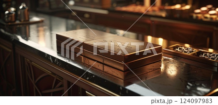 Elegant wooden boxes with inscription on a luxurious countertop in a dimly lit interior. 124097983
