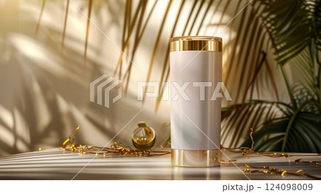 White cosmetic bottle with gold cap on a white table with golden ribbon and tropical leaves in the background. White cosmetic bottle with gold cap on a white table with golden ribbon and tropical leaves in the background. 124098009