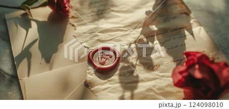 Vintage letter with red wax seal and rose. Vintage letter with red wax seal and rose. 124098010