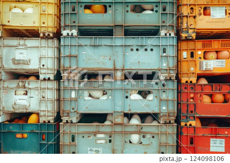A stack of colorful crates filled with eggs. A stack of colorful crates filled with eggs. 124098106
