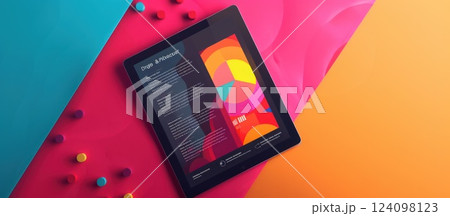 A tablet displaying a colorful chart with the words "Design & Process" on a bright pink and orange background. 124098123