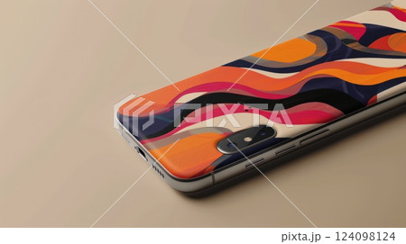 A smartphone with a colorful abstract design on the back. 124098124