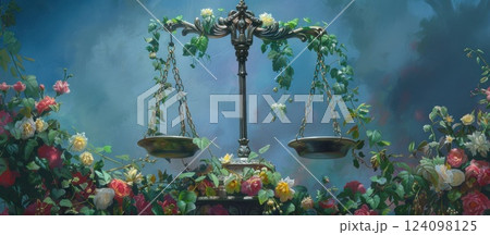 A golden scale of justice surrounded by blooming flowers and vines. 124098125