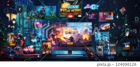 A variety of video game app icons and devices on a computer monitor in a dark background. 124098126