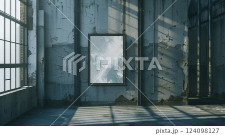 A framed picture of a mountain scene hangs on a cracked and peeling wall in an abandoned industrial space, with sunlight streaming through a large window. 124098127