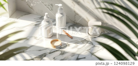 White bottles, a wooden stick, and a jar on a marble surface with a palm leaf in the background. 124098129