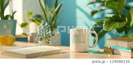 A white mug with text on it sits on a wooden table with an open notebook, a pen and a stack of books. It is surrounded by green plants and the background is a pale blue wall. 124098130