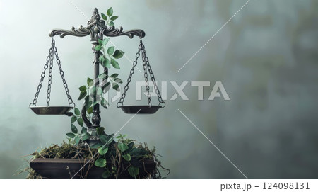 An antique-looking scale of justice with a green vine growing up it, in front of a misty, out-of-focus background. 124098131