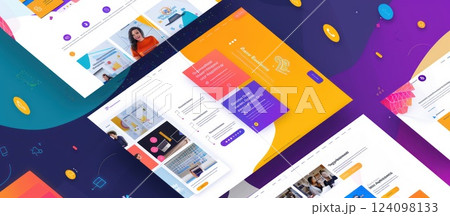 Colorful website design mockup with a modern layout, using multiple pages to show different features. 124098133