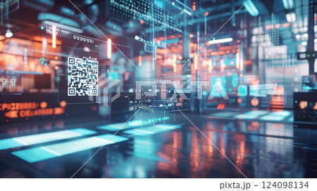 Abstract futuristic digital interface with glowing data, code, and QR code. 124098134