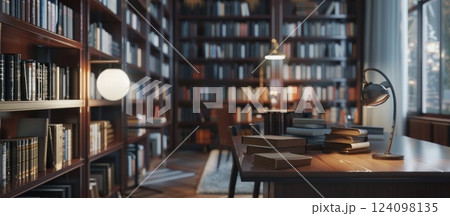 Cozy library study with a desk lamp illuminating a stack of books. 124098135
