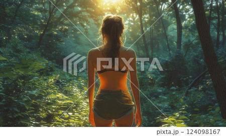 Misty Forest Glow with Adventurous Woman 124098167