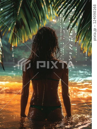 Golden Tropical Shower with Bikini Woman 124098168