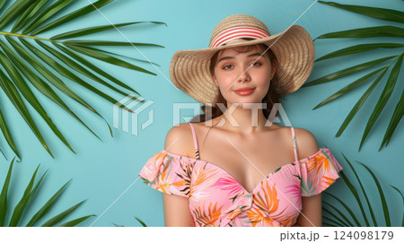 Tropical Summer Look with Straw Hat 124098179