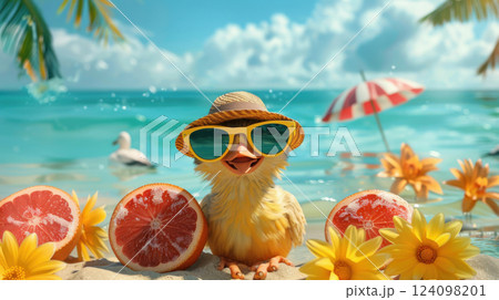 Sunny Beach Chick with Grapefruit Slices 124098201