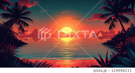 Dramatic Tropical Sunset with Sailing Boat 124098211