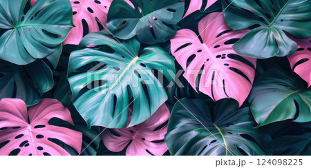 Pink and Green Monstera Leaf Pattern 124098225