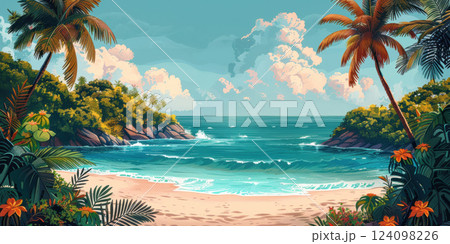 Scenic Tropical Beach with Lush Palms 124098226