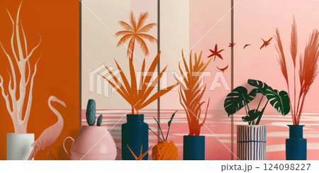 Tropical Summer Interior Decor with Exotic Plants 124098227