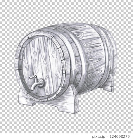 Oak barrel with tap for wine or beer. Isolated pencil illustration in realistic style for bar menu design, restaurant interior, poster printing. Oak barrel with tap for wine or beer. Isolated pencil illustration in realistic style for bar menu design, restaurant interior, poster printing. 124098279