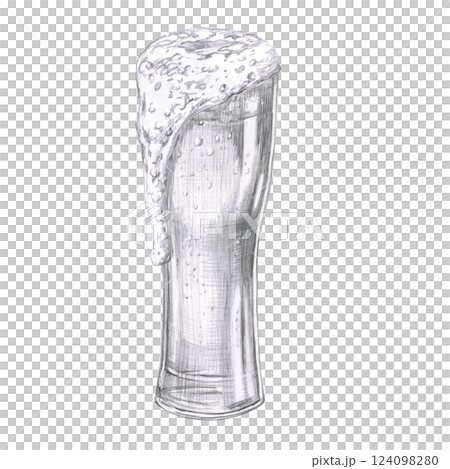 Tall glass of beer with foam flowing down. Isolated pencil illustration in realistic style for bar menu design, restaurant interior, poster printing. Tall glass of beer with foam flowing down. Isolated pencil illustration in realistic style for bar menu design, restaurant interior, poster printing. 124098280